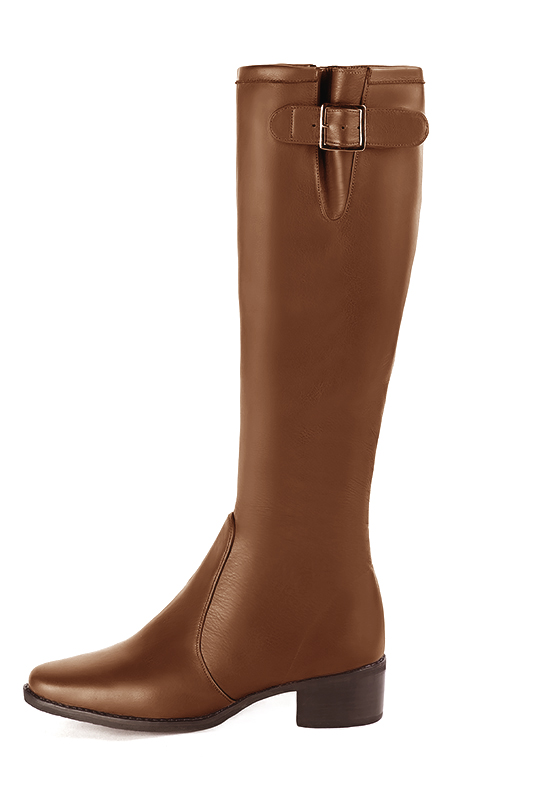 Caramel brown women's knee-high boots with buckles. Round toe. Low leather soles. Made to measure. Profile view - Florence KOOIJMAN